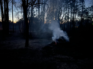A brush pile burning during cleanup after tree service work by Tony's Tree Service LLC in York, SC