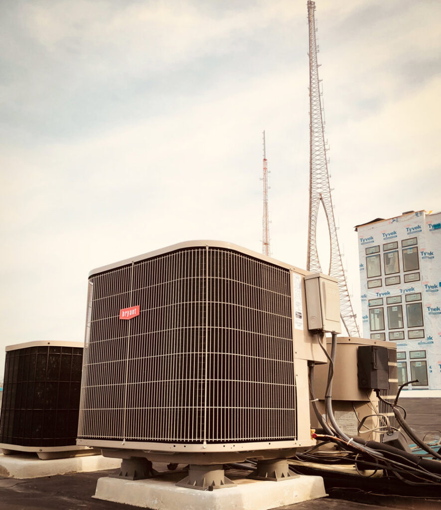 Large Bryant commercial rooftop air conditioning units installed by Cold Comfort HVAC Services, LLC in Rockville, MD.