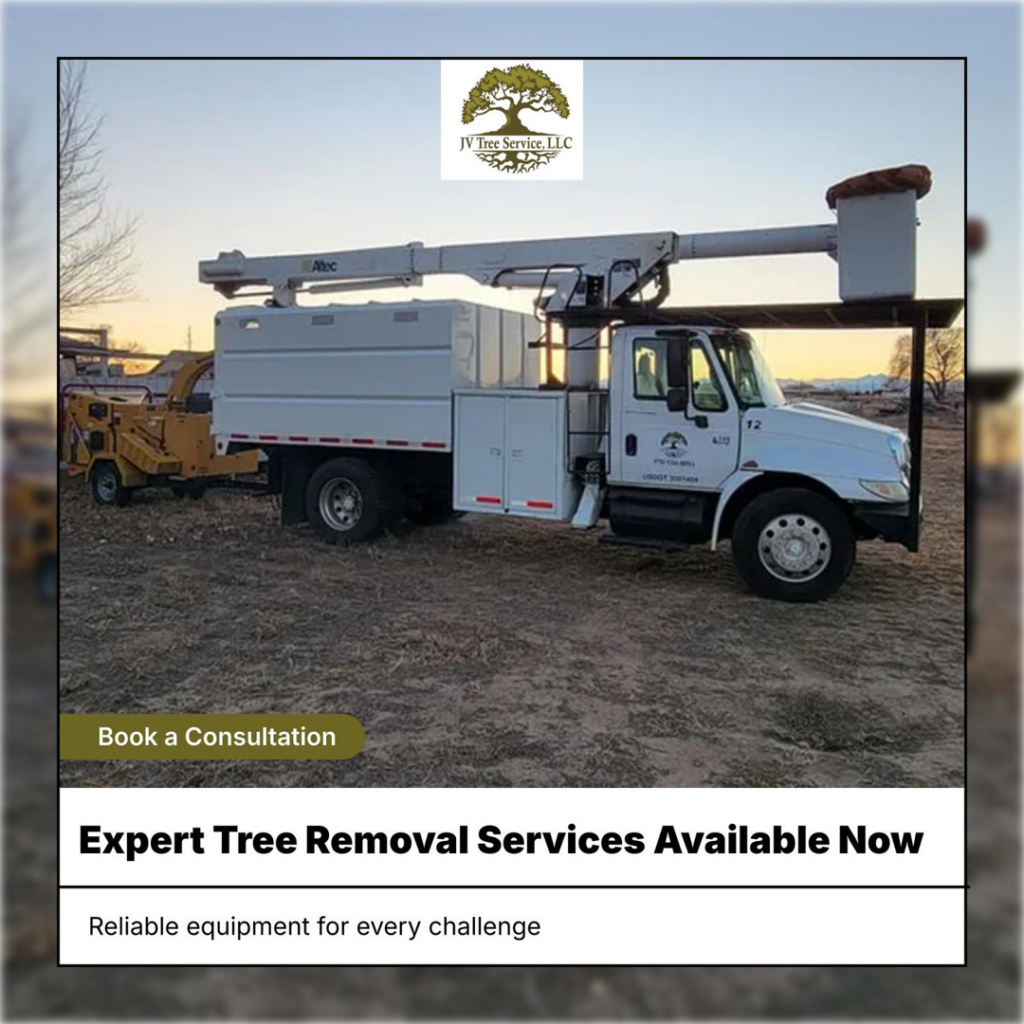 A white bucket truck with an attached wood chipper, essential equipment for tree services, from Jv Tree Service, LLC in Greeley, CO.