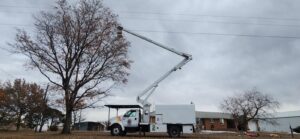 A bucket truck positioned for tree work near power lines by Riverdale Tree Services in Northglenn, CO.
