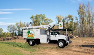 A white bucket truck and piles of wood debris after a tree service job by Beaver Stump and Tree Service in Antioch, TN