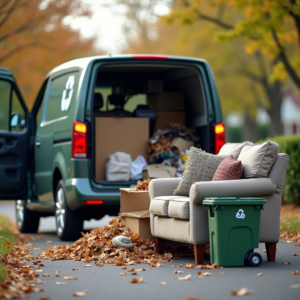 An armchair and boxes awaiting bulky item removal next to a Junk 2 Day van in Roswell, GA.
