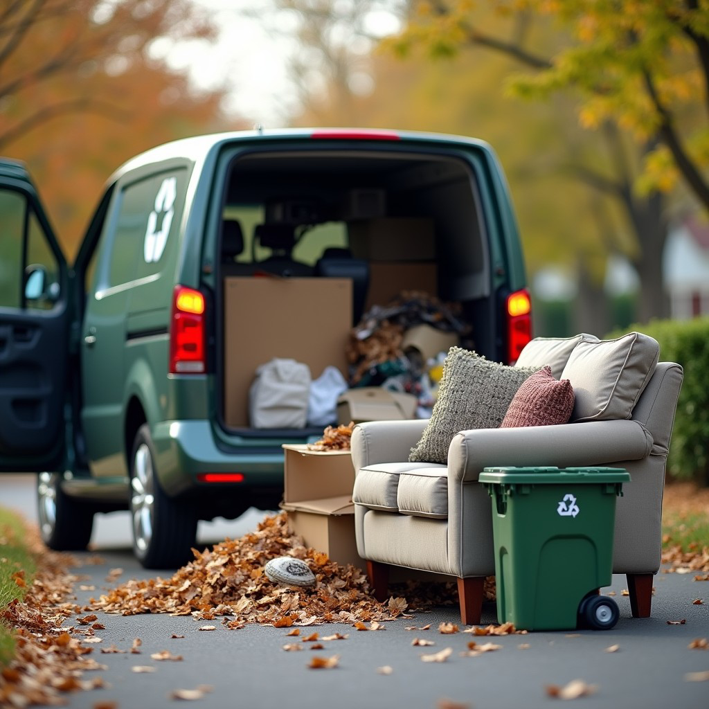 An armchair and boxes awaiting bulky item removal next to a Junk 2 Day van in Roswell, GA.