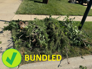 A pile of bundled yard waste, including branches and leaves, ready for pickup by D&D Refuse Inc. in Lincoln, NE.