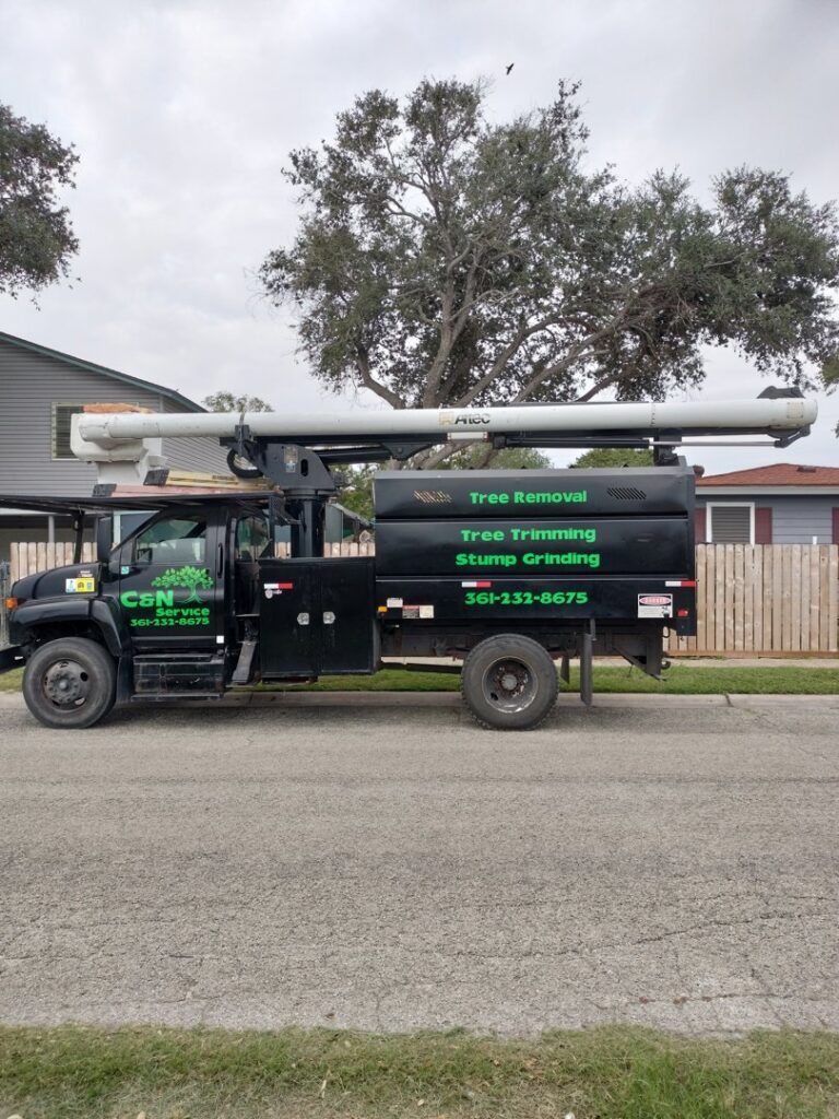 A branded C & N Tree Service truck with contact information parked on a street in Corpus Christi, TX.