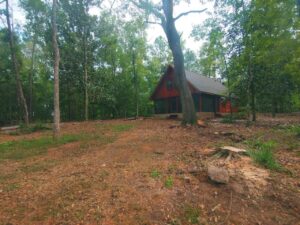 A cabin in a wooded area with cleared trees and visible stumps, showing land clearing by Abbott Tree removal in Tallahassee, FL.