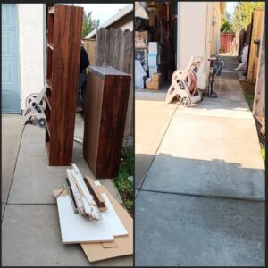 Before and after photo of wooden cabinets and debris removed from a driveway by Covered2Clean junk removal/hauling in Sacramento, CA.