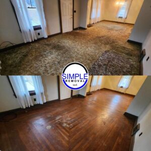 Before and after carpet removal service by Simple Removal LLC in Follansbee, WV, revealing hardwood floors.