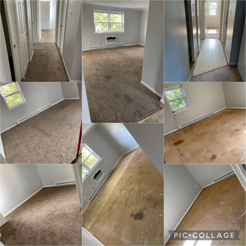 Before and after photos of carpet removal exposing the subfloor by JPC Junk Removal & Demolition in Philadelphia, PA.