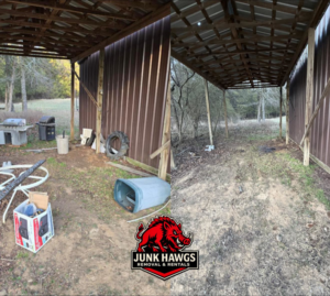 Before and after photo of a carport cleared of junk by Junk Hawgs Removal and Rentals in Russellville, AR.