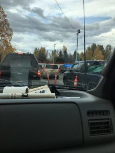 Cars waiting in line at the waste drop-off facility by Anchorage Solid Waste Services in Anchorage, AK.