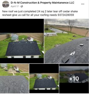 A collage showing a completed cedar shake roof replacement project by D-N-M Construction & Property Maintanence LLC in Dayton, OH.