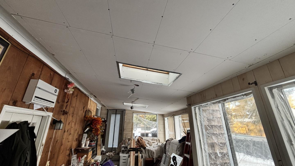 Ceiling drywall installation in progress, showing handyman work by Build Brothers in Providence, RI