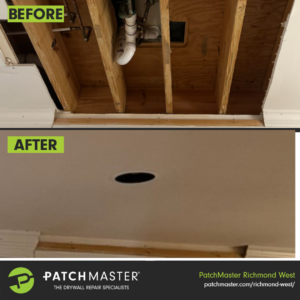 Before and after comparison of a ceiling drywall repair, showing exposed joists transformed into a smooth ceiling by PatchMaster Richmond West in Richmond, VA.