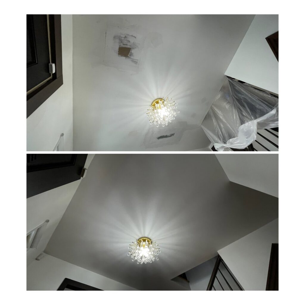 Before and after of ceiling drywall repair and painting by PTA Construction INC. in Jersey City, NJ.
