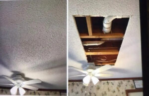 Before and after of a ceiling repair around a fan, showing exposed pipes and a finished ceiling by Ceiling Doctor by Julian in Augusta, GA.