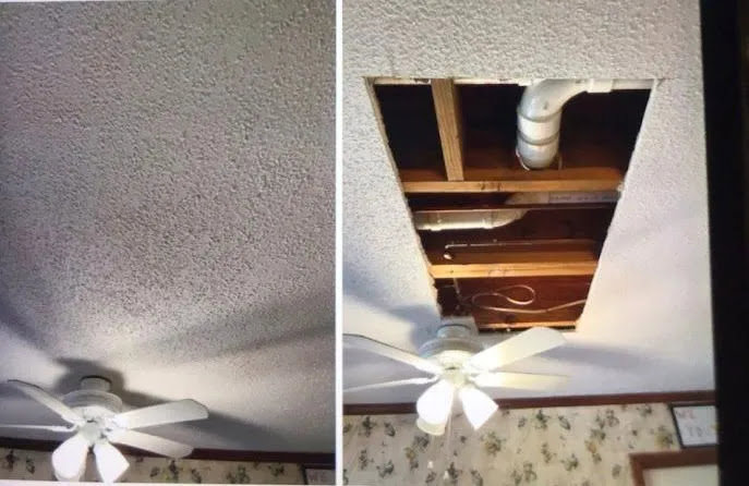 Before and after of a ceiling repair around a fan, showing exposed pipes and a finished ceiling by Ceiling Doctor by Julian in Augusta, GA.