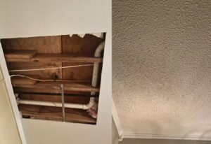 Before and after of a ceiling hole repair, showing exposed pipes and a finished textured ceiling by Ceiling Doctor by Julian in Augusta, GA.