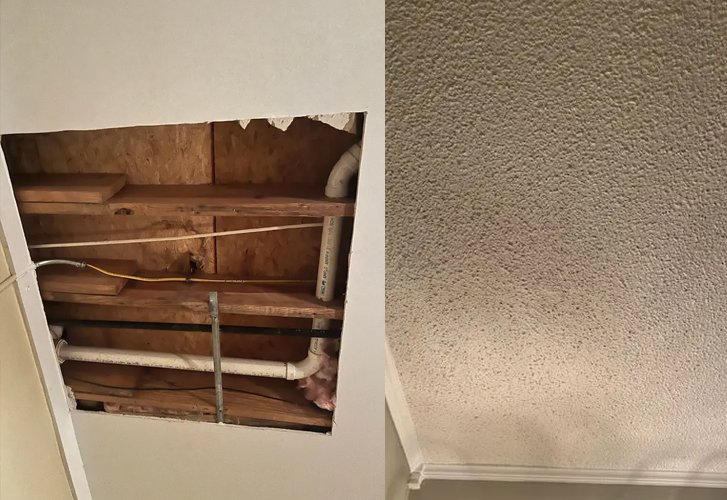 Before and after of a ceiling hole repair, showing exposed pipes and a finished textured ceiling by Ceiling Doctor by Julian in Augusta, GA.