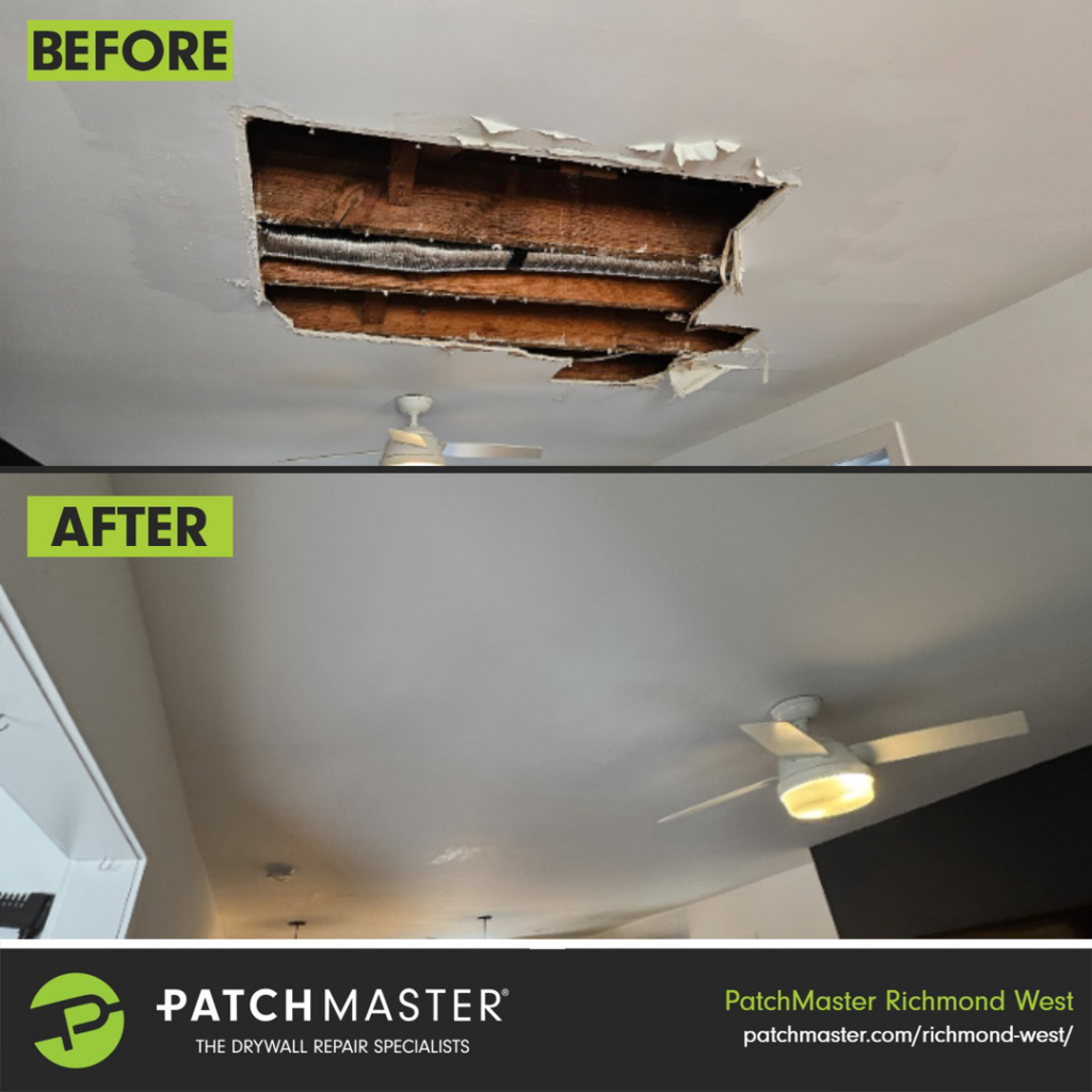 Before and after comparison of a large ceiling hole and peeling paint repaired by PatchMaster Richmond West in Richmond, VA.