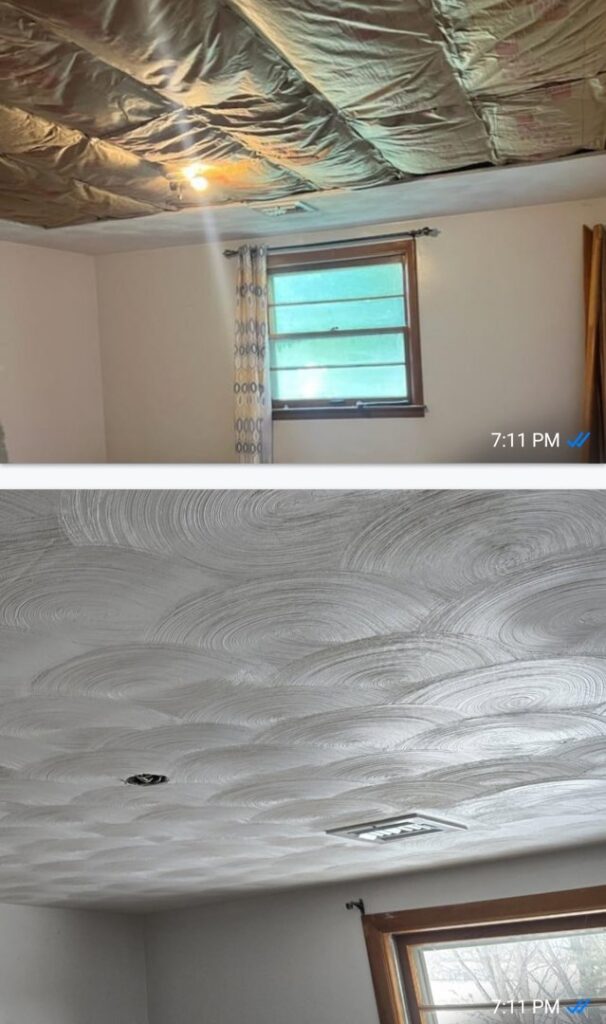 Before and after photos showing a ceiling transformed from exposed insulation to a finished textured surface by N. Bennecoff Drywall & Plaster in Lancaster, PA.