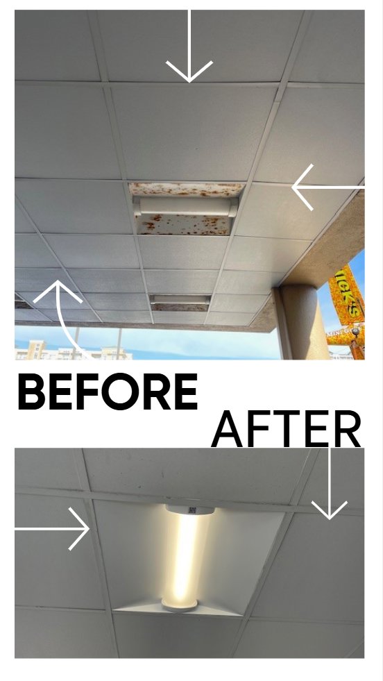 Before and after of a ceiling light fixture repair and replacement by East Coast Services LLC in Baltimore, MD.
