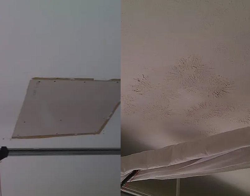 Before and after of a ceiling patch and drywall repair, showing the new drywall and finished texture by Ceiling Doctor by Julian in Augusta, GA.