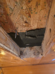 Close-up of a ceiling repair showing exposed wood and screws by E and C Handyman and Construction LLC in Owensboro, KY.