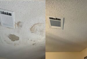 Before and after of a ceiling repair, showing water stains and a patch fixed by Ceiling Doctor by Julian in Augusta, GA.