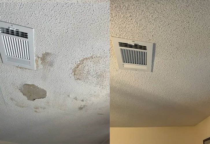 Before and after of a ceiling repair, showing water stains and a patch fixed by Ceiling Doctor by Julian in Augusta, GA.