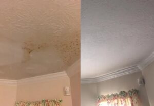 Before and after of a ceiling repair, showing water damage and mold removed by Ceiling Doctor by Julian in Augusta, GA.