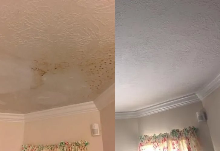 Before and after of a ceiling repair, showing water damage and mold removed by Ceiling Doctor by Julian in Augusta, GA.