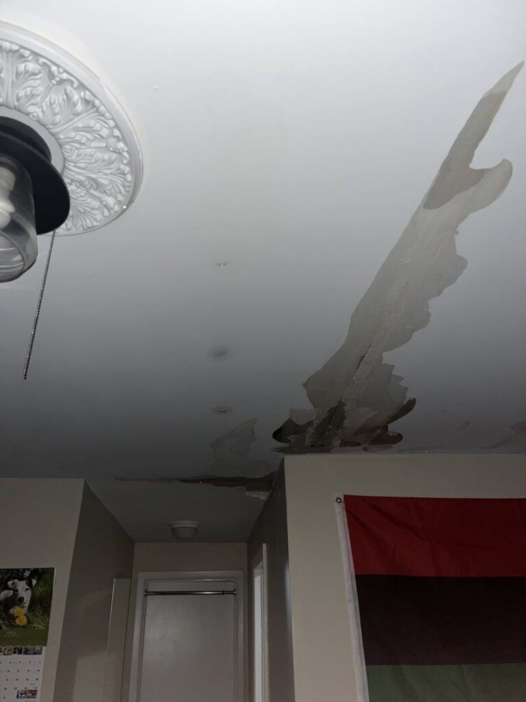 Ceiling showing significant water damage and peeling paint, ready for repair by Naples Roofing & Sheet Metal LLC in Buffalo, NY