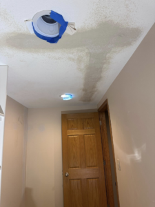 Ceiling water damage repair and recessed light installation by 5 Sons Plaster and Remodeling in Peoria, IL.