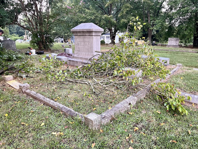 A cemetery plot covered with fallen tree branches and debris, ready for cleanup by Stone Cold Restorations in Durham, NC.
