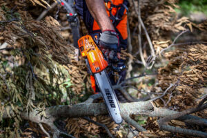 A tree service worker using a chainsaw to cut a fallen branch for Kansas Tree Care in Lawrence, KS.