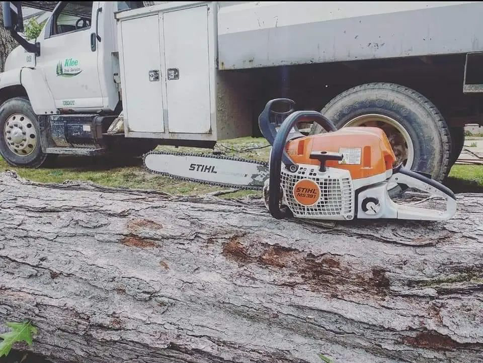 A Stihl chainsaw resting on a large cut log with a Klee Logging & Tree Service Inc. truck in the background in Green Bay, WI.