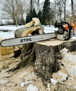 A Stihl chainsaw resting on a freshly cut tree stump with wood chips and snow, showing tree removal work by Snyder's Tree Service LLC in Fort Wayne, IN.
