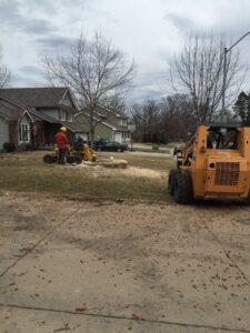 A tree service worker using a chainsaw to cut a large tree stump for Top Notch Tree Care in Holt, MI.