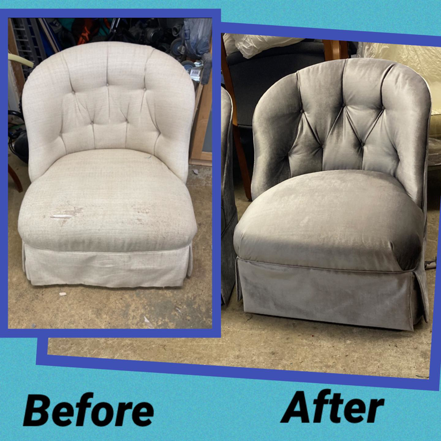 Before and after comparison of a chair reupholstered by Brian Hall Undercutters Upholstery and Handyman Services LLC in Anchorage, AK.