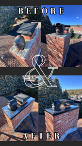 Before and after photos of a chimney repair and flashing installation by Premium Home Solutions LLC in Hickory Hills, IL
