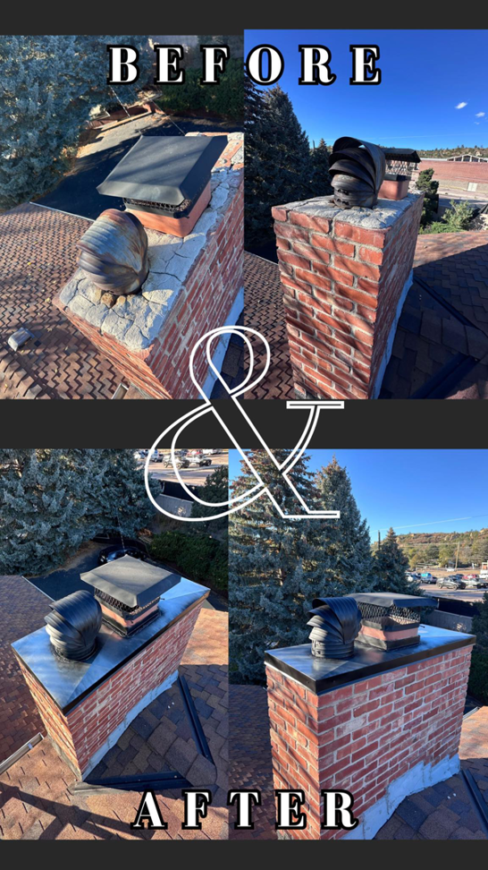 Before and after photos of a chimney repair and flashing installation by Premium Home Solutions LLC in Hickory Hills, IL