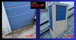 Before and after of chimney siding repair by Mr. Handyman of Boise, Meridian and Nampa in Nampa, ID.