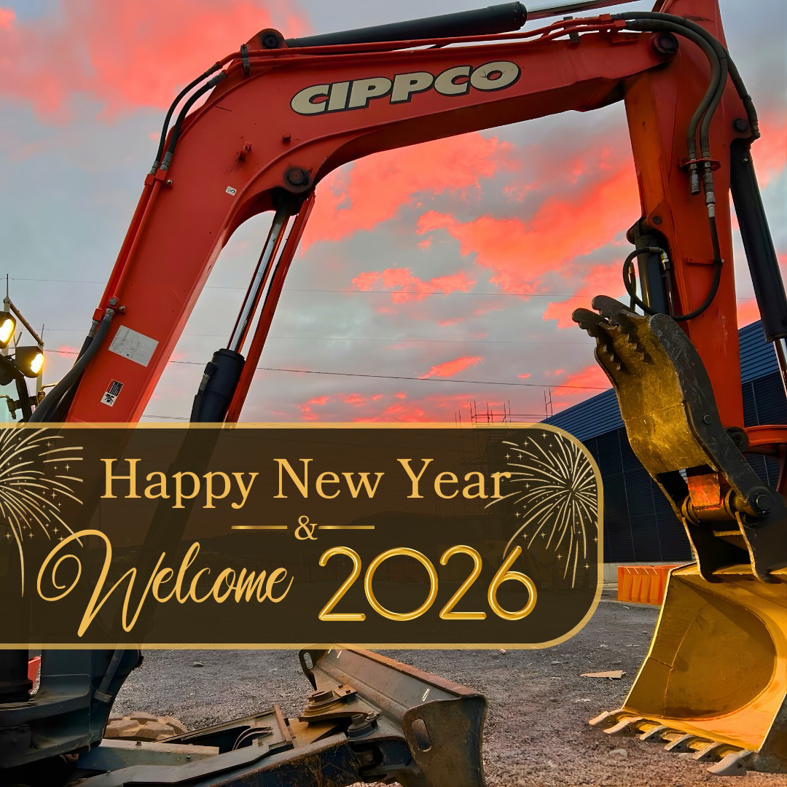 A Cippco Inc. excavator, heavy equipment used for general contracting, against a sunset sky in Philadelphia, PA.