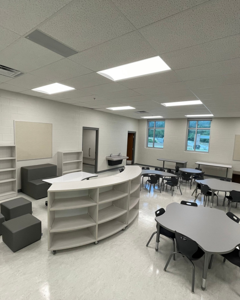 A modern classroom with new furniture setup and arrangement completed by Jez Enterprises in Aurora, CO.