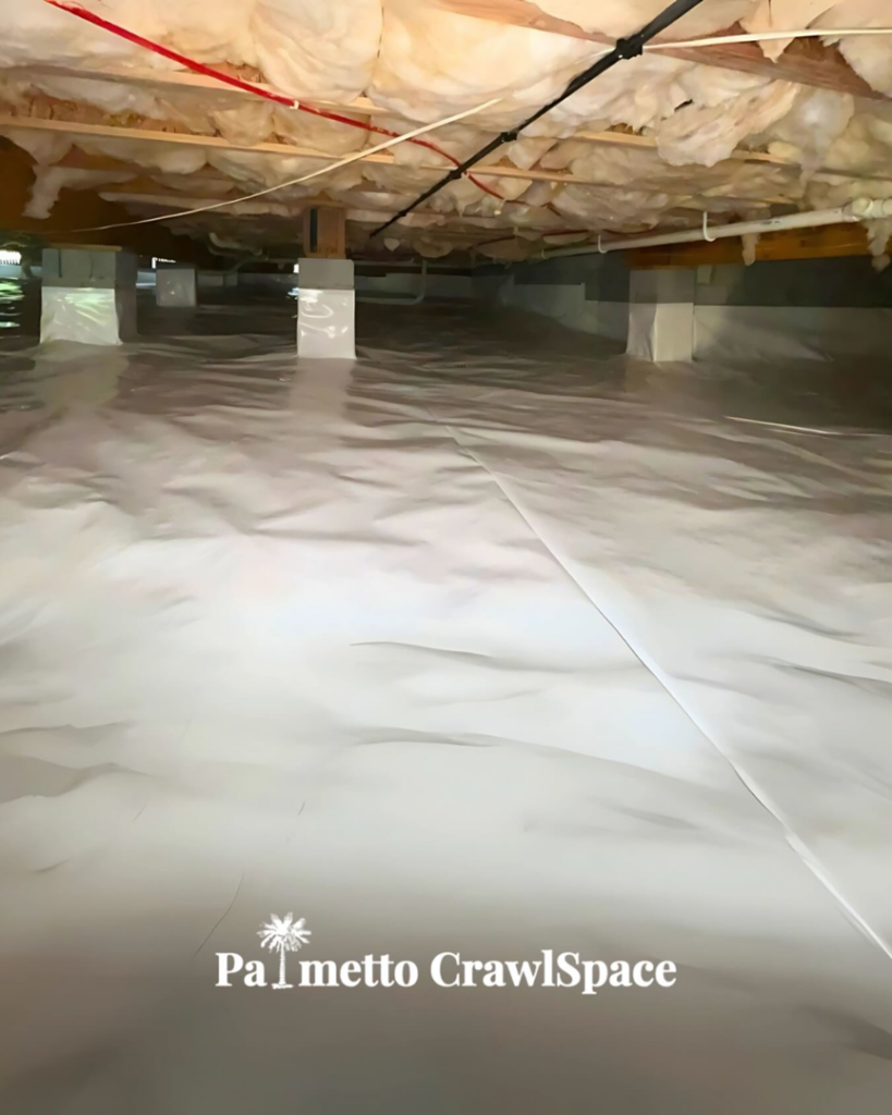 A clean, encapsulated crawlspace featuring a white vapor barrier and insulation installed by Palmetto Crawlspace in Mount Pleasant, SC.