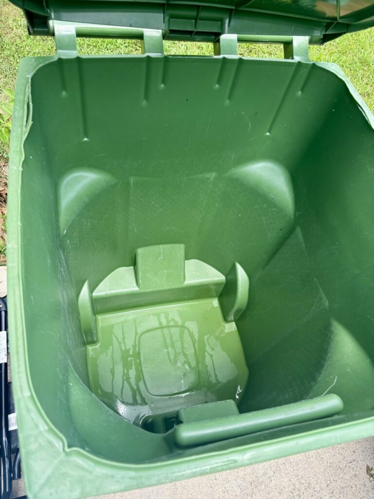 A clean green trash bin interior with a small pool of water at the bottom, demonstrating the thorough cleaning by Bin Blasters - Knoxville, TN.