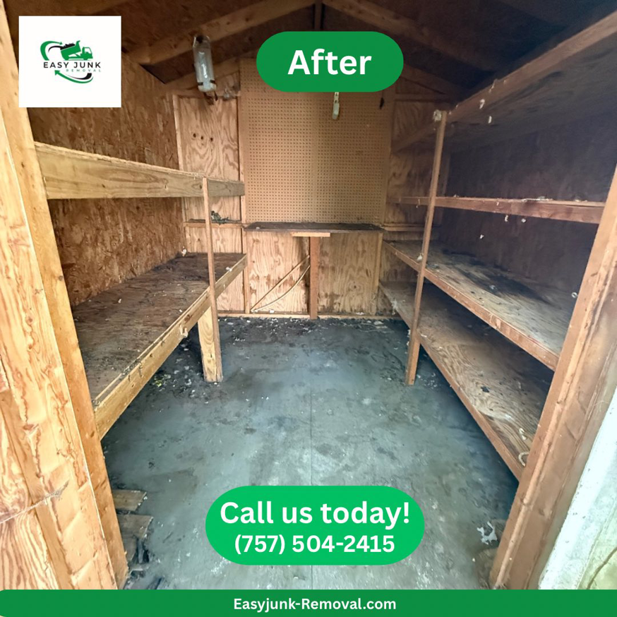 The clean and empty interior of a shed after junk removal by Easy junk removal in Newport News, VA.