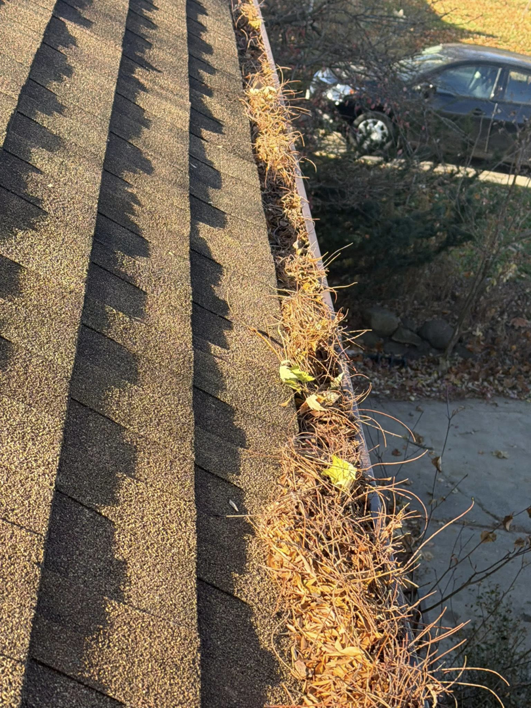A residential gutter heavily clogged with dry leaves and branches, indicating a need for cleaning by Zamora Roofing & Construction LLC in Madison, WI.