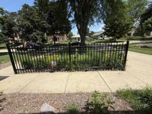 A close-up view of a black metal fence installed in a front yard by A to Z Quality Fencing and Structures-Appleton, WI.